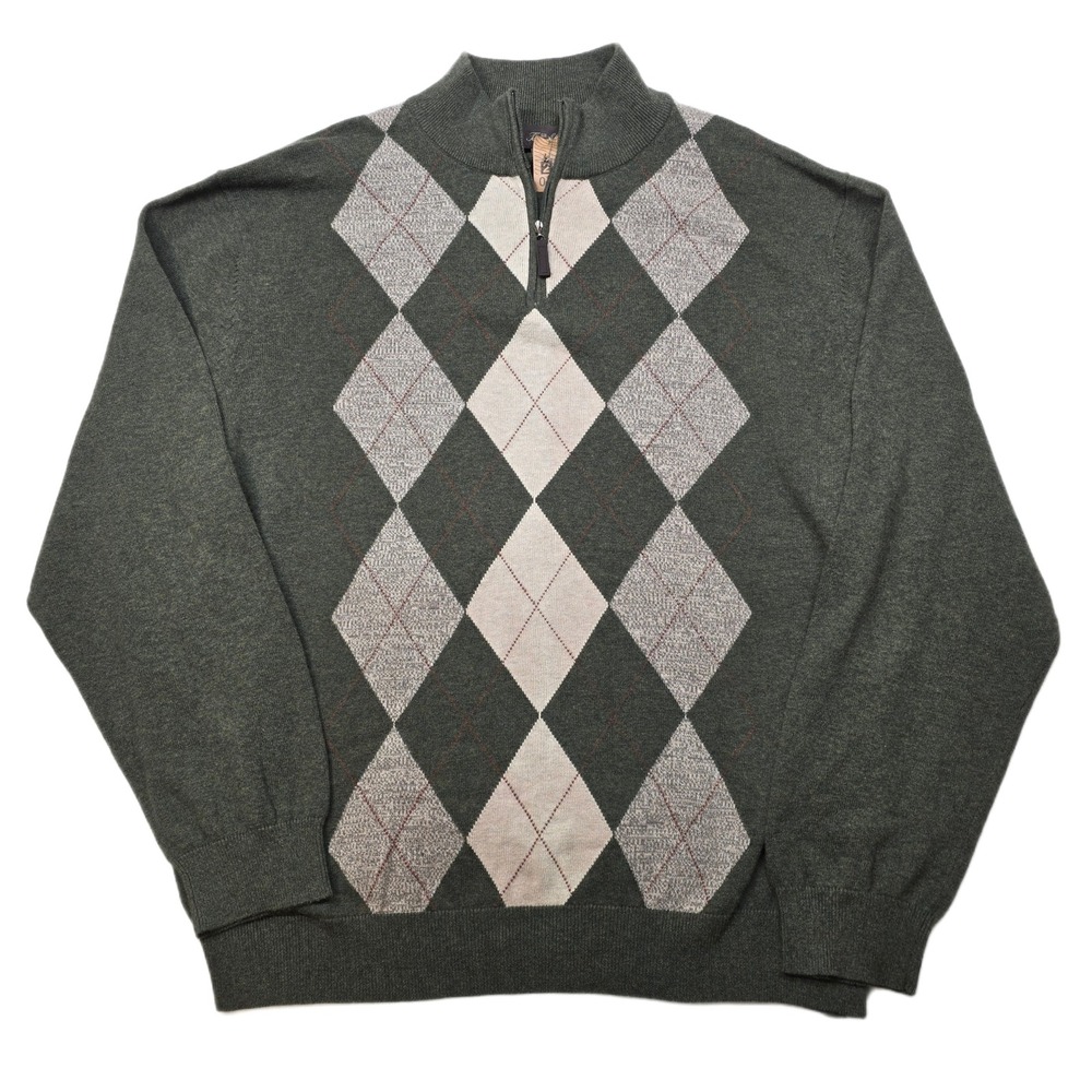 Tasso Elba Argyle‎ 1/4 Zip Sweater Mens XL Green Cotton